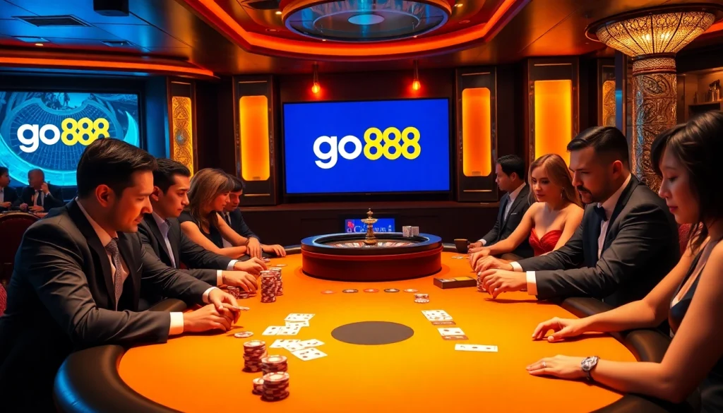 Experience the excitement of go88 play at a luxurious poker table with vibrant chips and cards.