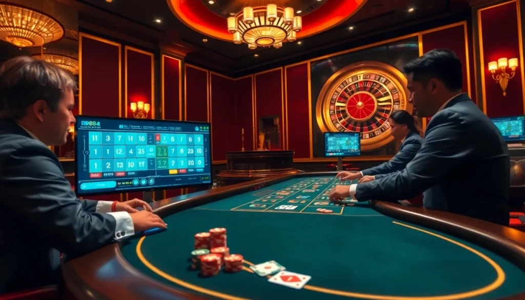 Engaged players at a blackjack table in a luxurious casino environment showcasing rr88.com gaming excitement.