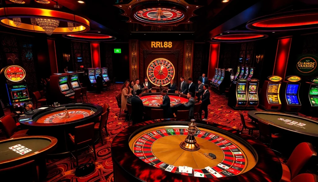 Players enjoying the luxury of rr 88 casino games at vibrant poker tables and roulette wheels.