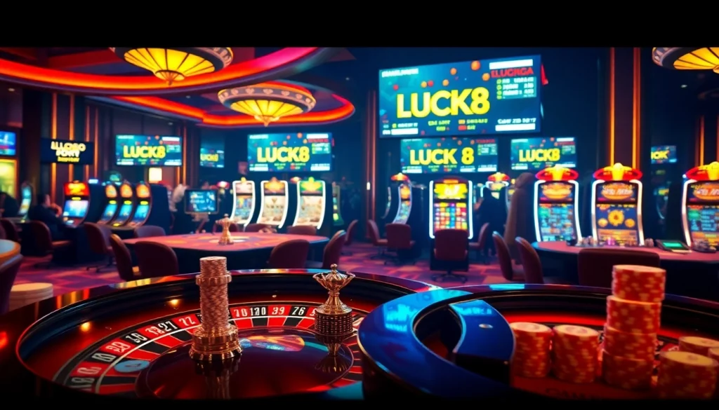 Bàn chơi LUCK8 với chip poker và máy đánh bạc trong một môi trường casino đầy phấn khích