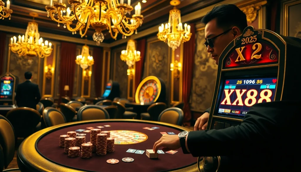 Excited gambler placing bets on the XX88 slot machine in a luxurious casino.