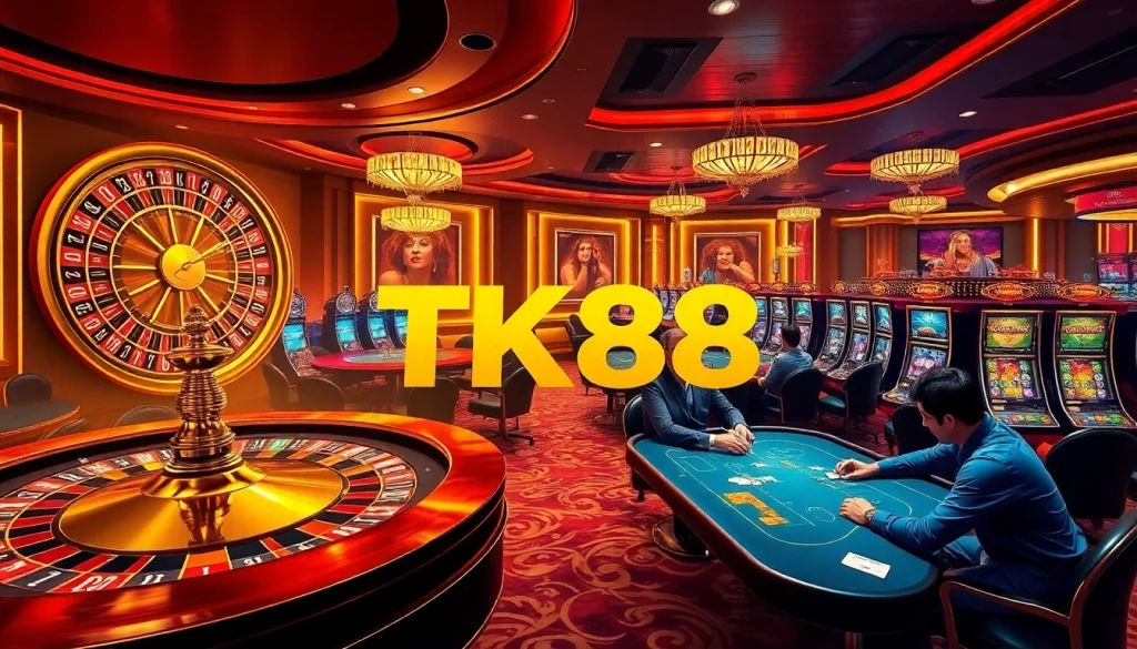 TK88 casino atmosphere with vibrant roulette wheels and engaged poker players.