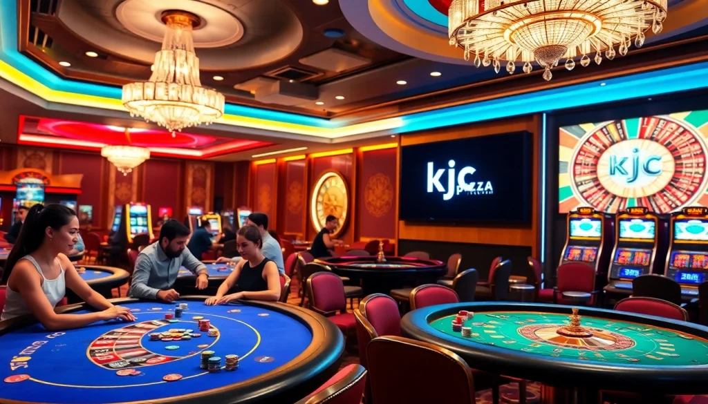 KJC.pizza enhances the excitement of gambling with players enjoying poker at a vibrant casino.