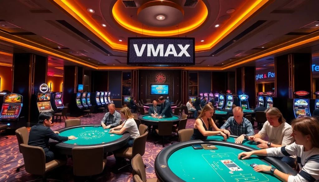 Engage in thrilling gameplay at VMAX's luxurious casino with vibrant tables and exciting slot machines.
