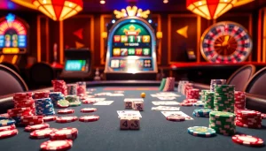 Engaging scene of a luxurious poker table showcasing S8-themed poker chips and cards amidst vibrant casino lights.