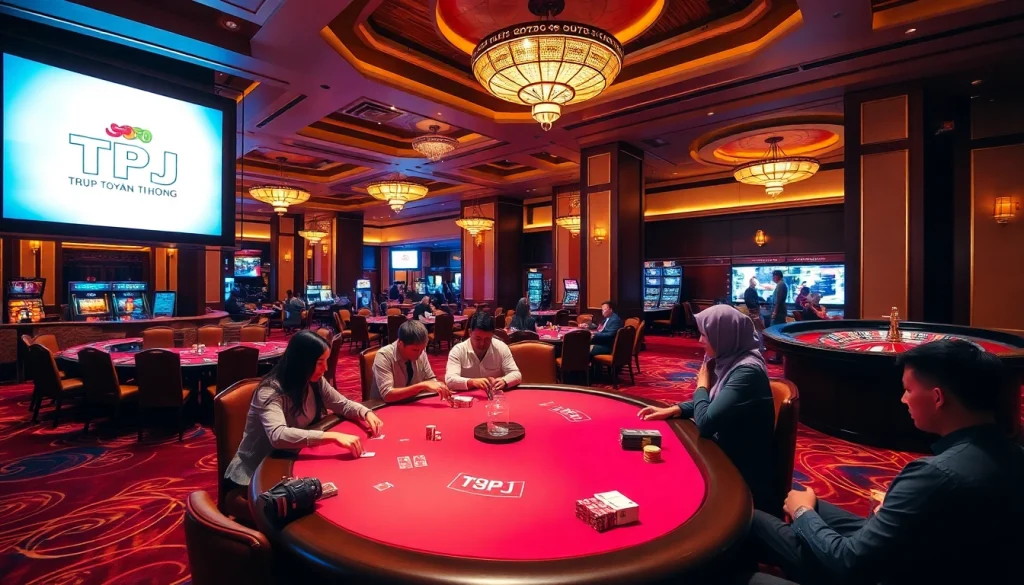 Tập đoàn truyền thông TPJ showcased in a thrilling casino scene with players at a poker table.