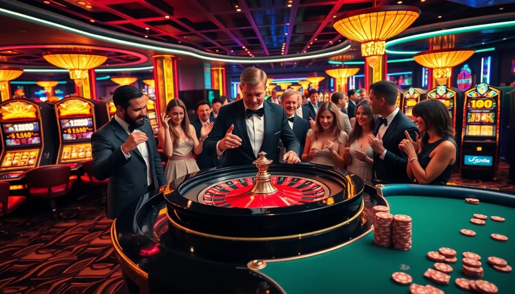 Exciting casino scene with players enjoying roulette and slot machines, embodying the thrill of okking.