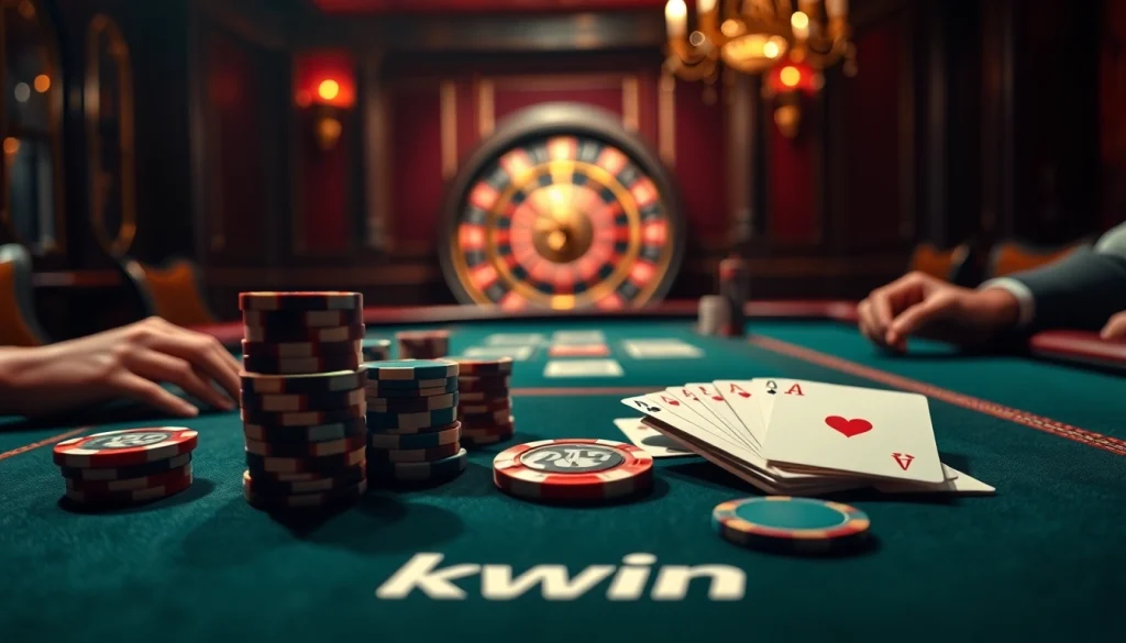 Experience high-stakes gaming with Kwin-themed poker chips and a luxurious casino atmosphere.