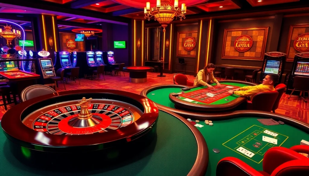 Experience the thrill of Đường link Bet88 with a vibrant casino scene featuring poker and roulette.