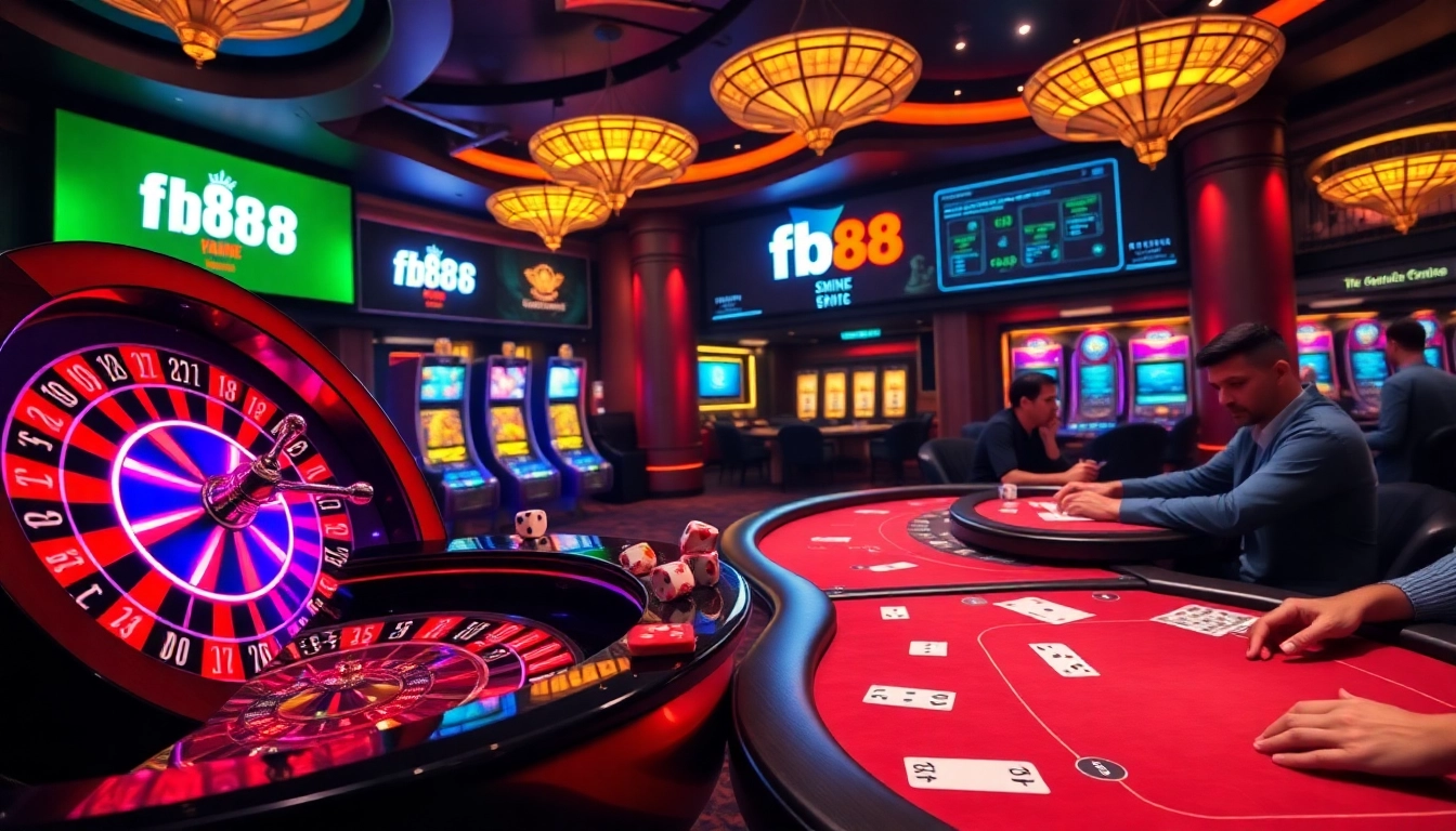 Experience thrilling gameplay at fb88's vibrant casino scene featuring roulette and slot machines.