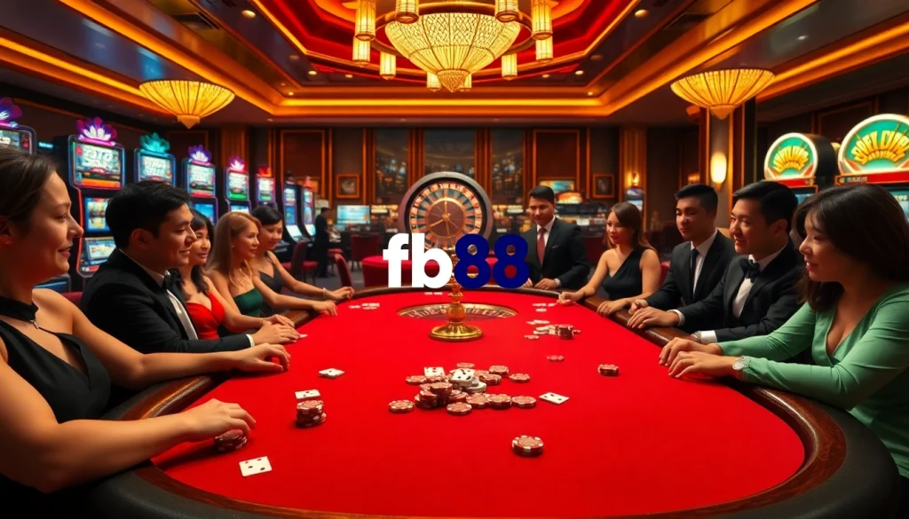 Players enjoying a thrilling game at Fb88 casino with vibrant tables and slots.