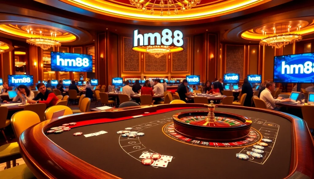 Experience the thrill of casino gaming at HM88 with vibrant poker chips and roulette wheels.