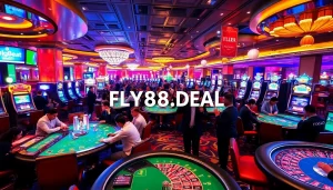 Experience the excitement of FLY88.DEAL with players celebrating wins at a luxury casino.