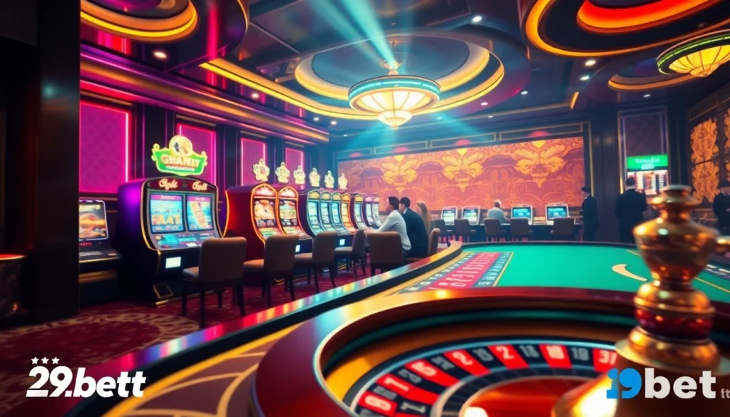Experience high-stakes gaming at i9bet with a dynamic casino scene featuring roulette and poker tables.