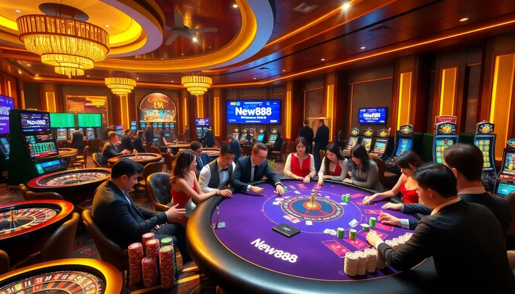 Experience excitement at the New888 casino table with players and vibrant gaming elements.