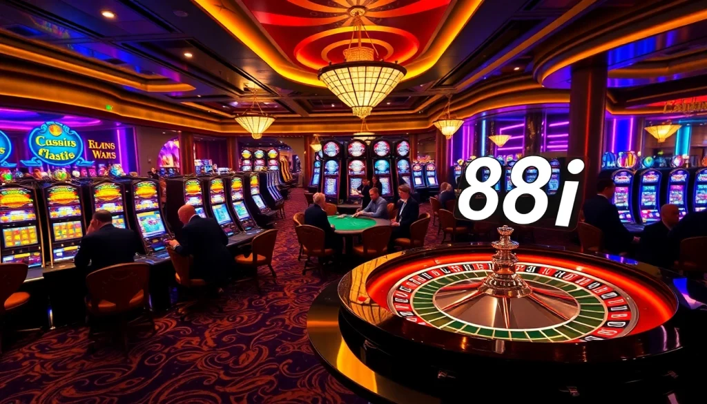 Players enjoy excitement at a luxurious casino featuring 88i slot machines and poker tables.