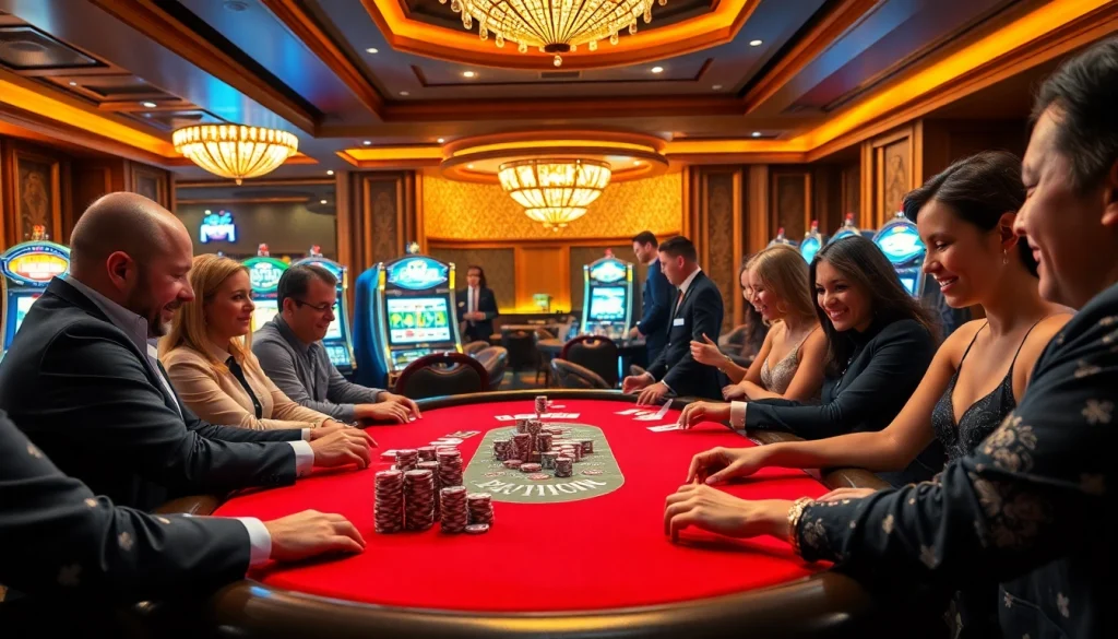 Engaging poker players at a luxurious e2bet casino table amidst vibrant atmosphere.
