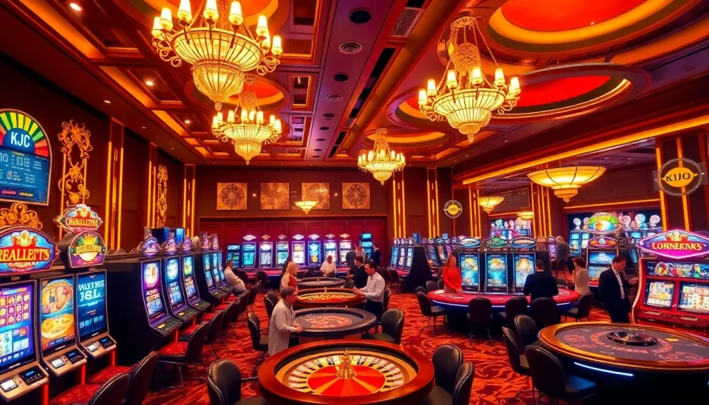 KJC casino atmosphere featuring vibrant slot machines and engaged players at poker tables.