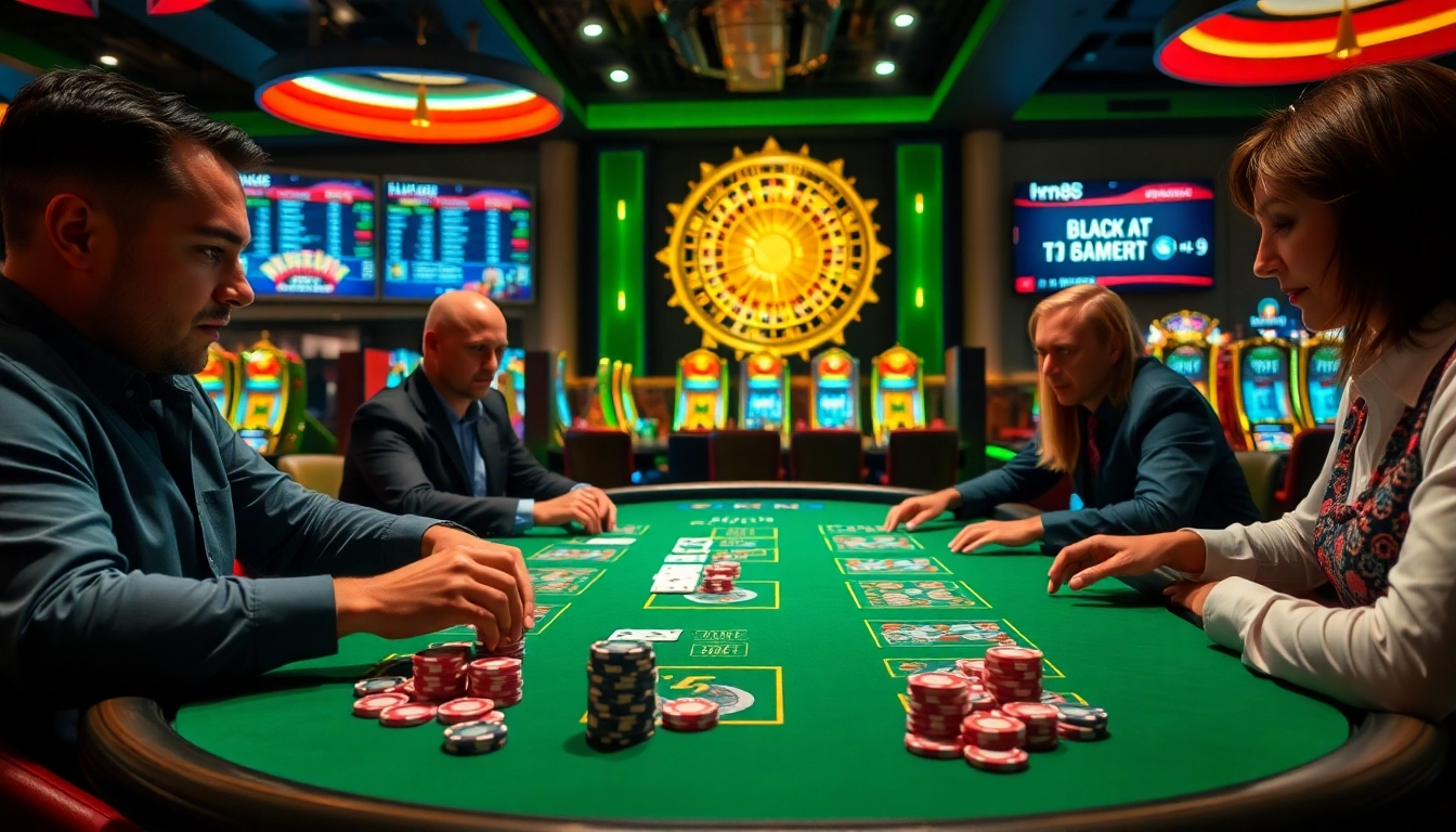 Players enjoying a thrilling blackjack game at the hm88 casino, featuring vibrant poker chips and cards.