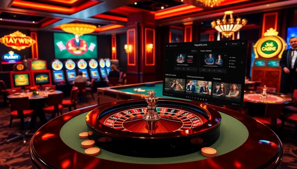 An exciting gambling scene at 1haywin.us.com with roulette, poker tables, and vibrant slot machines.