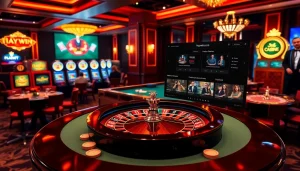 An exciting gambling scene at 1haywin.us.com with roulette, poker tables, and vibrant slot machines.