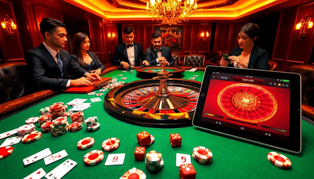 Experience the thrilling atmosphere of rikvip with a vibrant casino scene featuring poker chips and gaming tables.