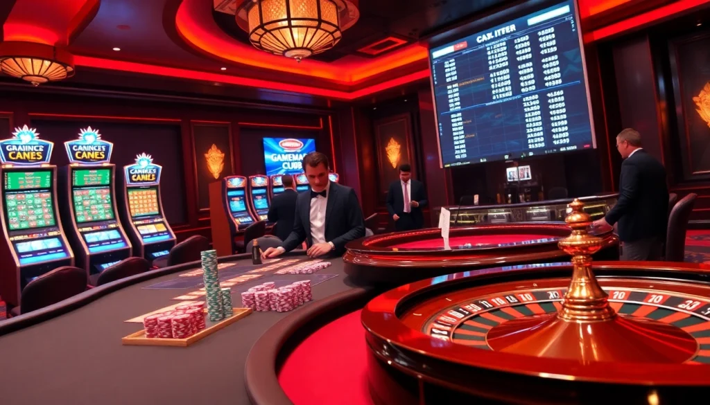 Experience the thrill of online casinos like https://gamemanclub.wiki with vibrant gambling scenes featuring tables and slot machines.