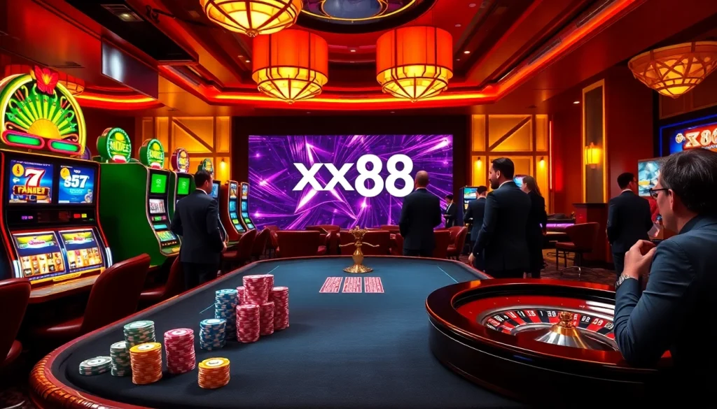 Exciting casino action featuring xx88 poker chips and vibrant slot machines.