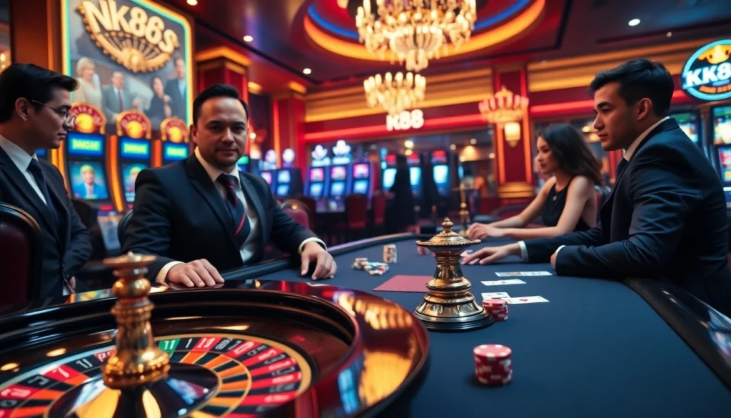 High-stakes poker scene illustrating nk88 casino excitement with chips and cards.