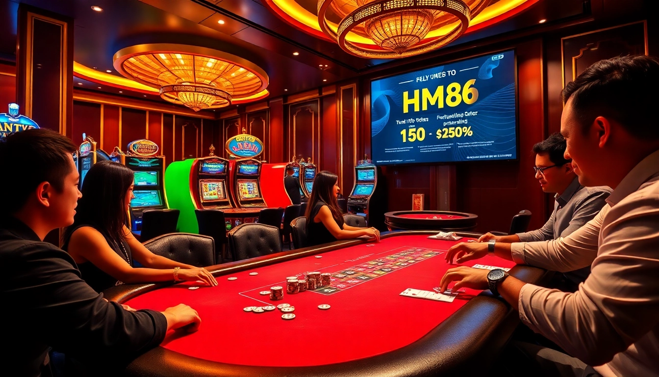 Players enjoying high-stakes poker at a luxurious casino featuring hm88 promotions.