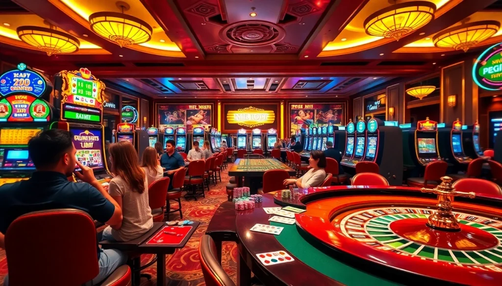 Nổ hũ gaming section in a luxurious casino filled with colorful slot machines and excited players.