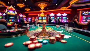 Experience the excitement of https://www.6rwin5.com/ with a vibrant casino scene highlighting Roulette tables and eager gamblers.