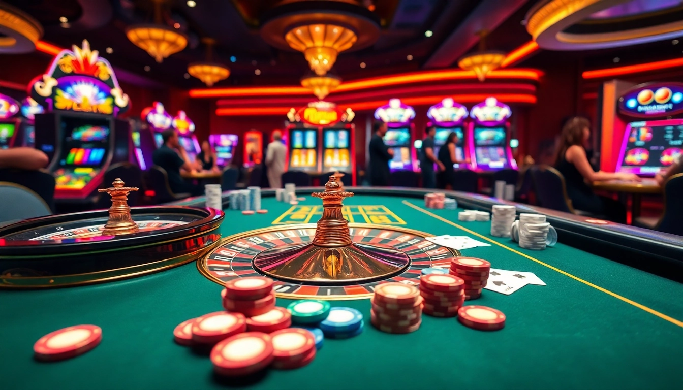 Experience the excitement of https://www.6rwin5.com/ with a vibrant casino scene highlighting Roulette tables and eager gamblers.