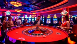 Exciting casino scene featuring betting action at the NK88 roulette table with colorful chips.