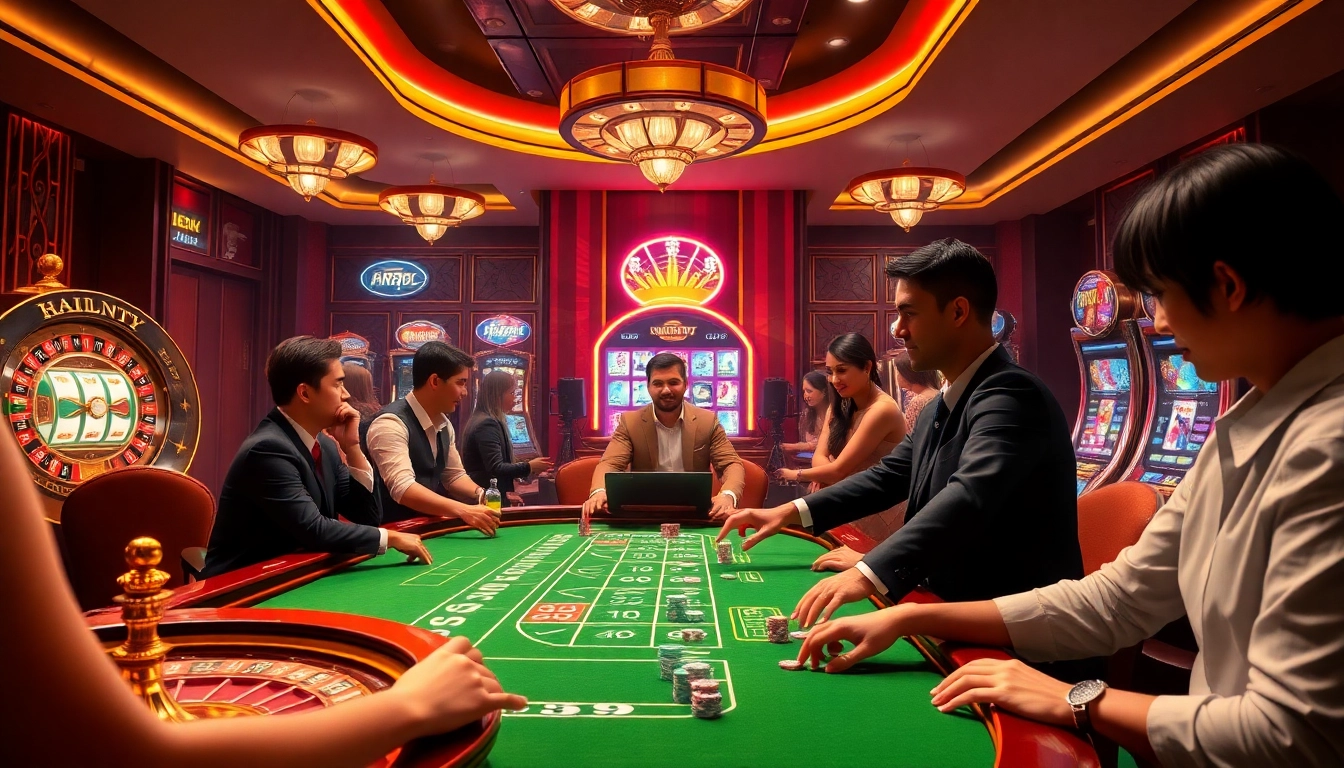 Engaging players immersed in Game RR99 at a luxurious casino table filled with vibrant chips and ambiance.
