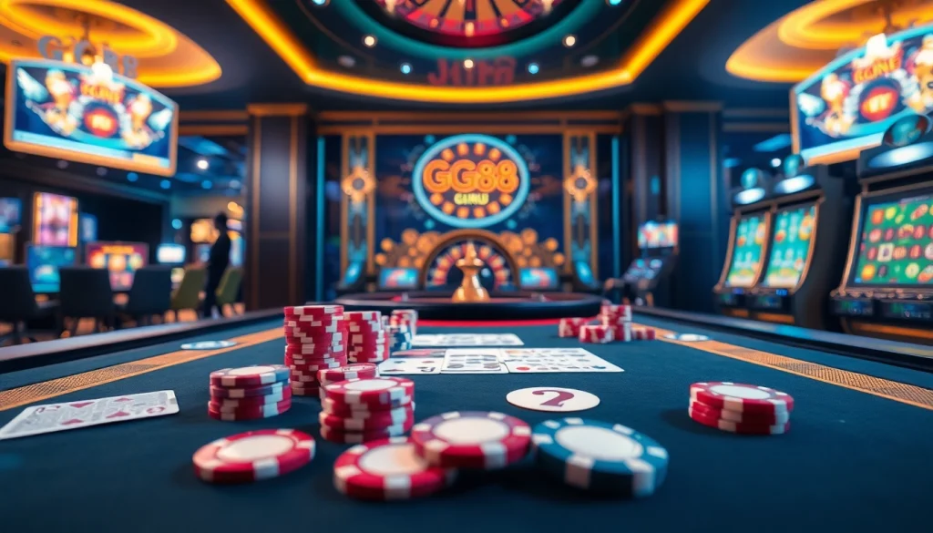 Experience thrilling gambling at GG88 guru's vibrant casino tables with poker chips and cards.
