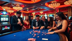 Exciting gameplay at the king88 gaming table with colorful chips and slot machines.