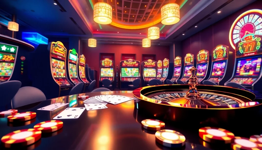 Experience thrilling online gambling at https://gg88.biz/ with vibrant slot machines, poker cards, and a dazzling roulette wheel.
