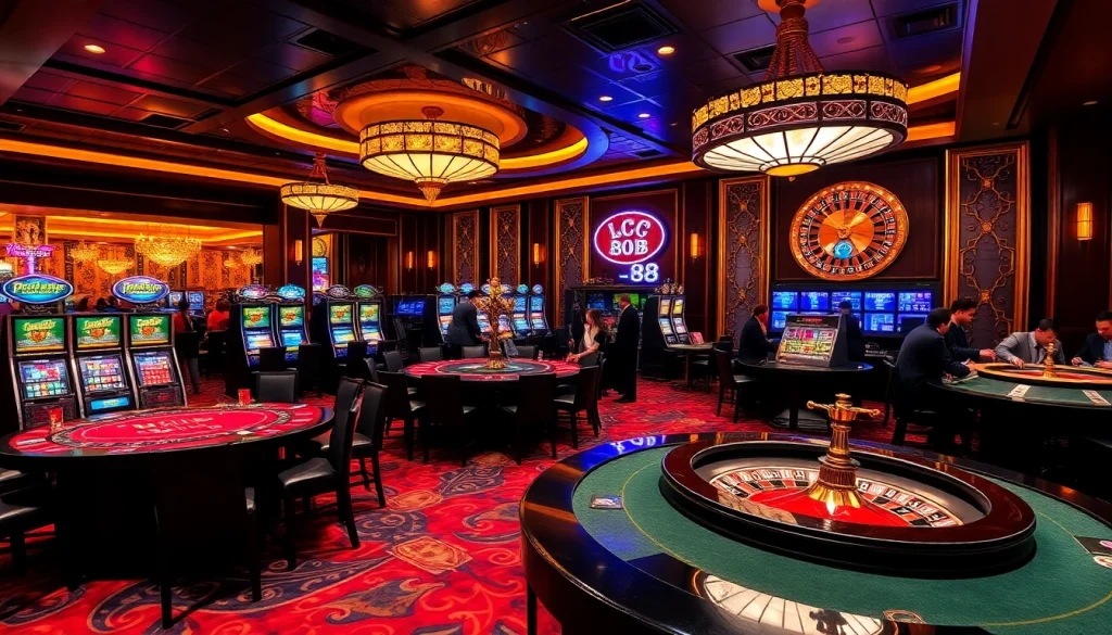 Engage with the excitement of casino gaming at LC 88, featuring vibrant tables and slot machines.