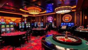 Engage with the excitement of casino gaming at LC 88, featuring vibrant tables and slot machines.