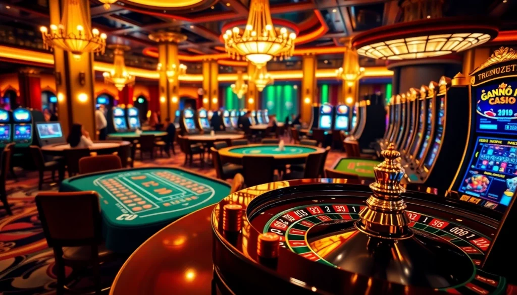 Excited gamblers engaging with the MM99 casino games, showcasing vibrant tables and roulette wheels.
