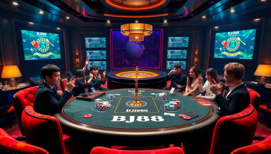 BJ88 poker table scene showcasing thrilling gameplay with colorful chips and cards