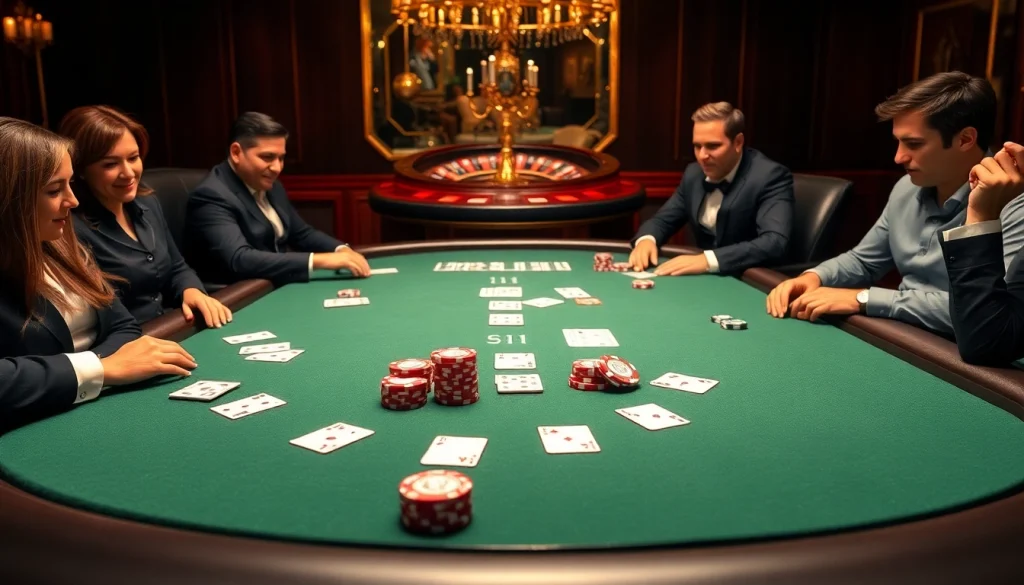 Experience the excitement of open88 with an engaging poker game scene in a luxurious casino setting.