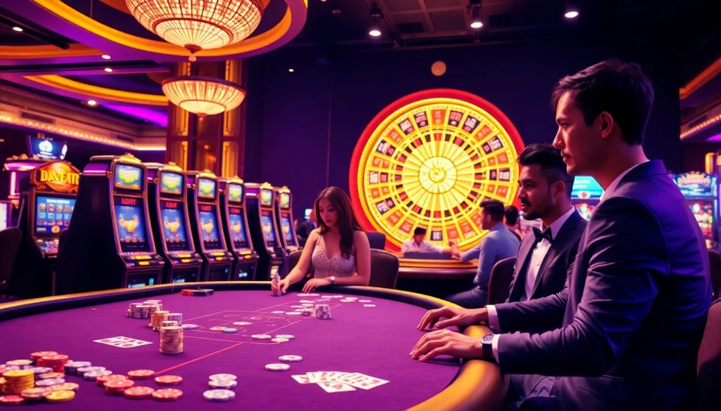 No hu casino gaming scene featuring vibrant slot machines and poker tables with excited players.