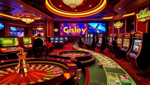 Luckywin casino scene with players enjoying poker and roulette under warm, luxurious lighting.
