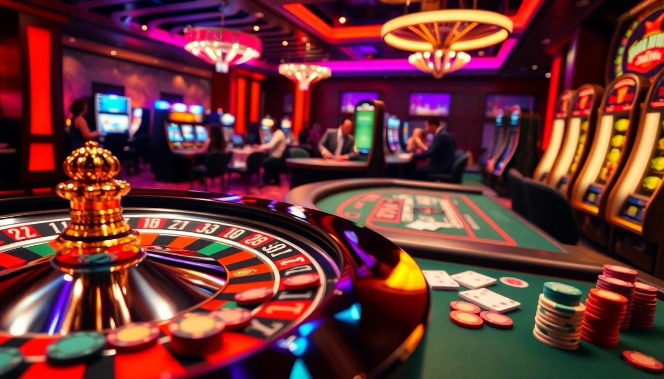Bong99 players enjoying an exciting casino atmosphere with poker tables, slot machines, and roulette.