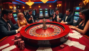 Players engaging in thrilling roulette action at a luxurious casino, 5MB betting slips among poker chips.