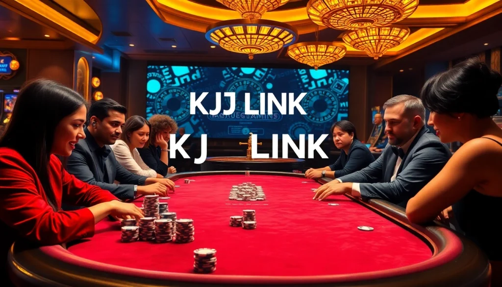 Exciting casino game featuring KJC LINK branding with poker players and roulette wheel in vibrant atmosphere.
