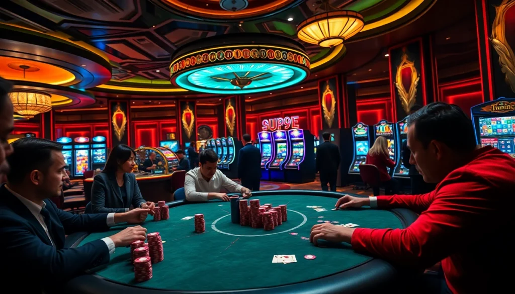 Experience the excitement of gambling at Página inicial 999E with players at a poker table and a spinning roulette wheel.