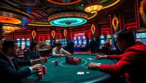 Experience the excitement of gambling at Página inicial 999E with players at a poker table and a spinning roulette wheel.